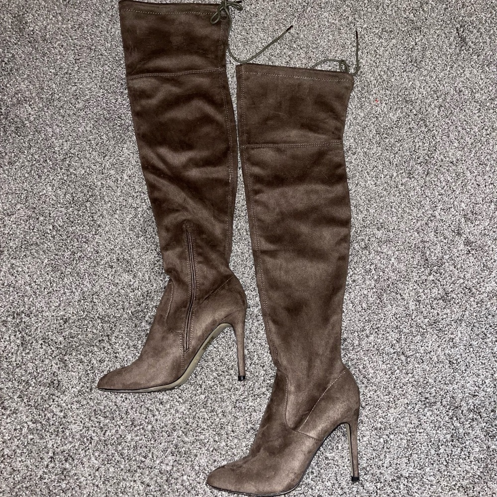 Brown Suede Knee-High Heels